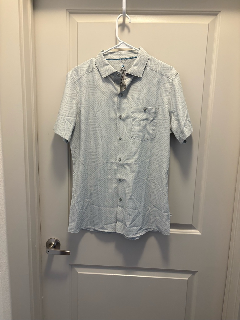 Kuhl Men's Light Blue Short Sleeve Button-Down with Subtle Geometric Print